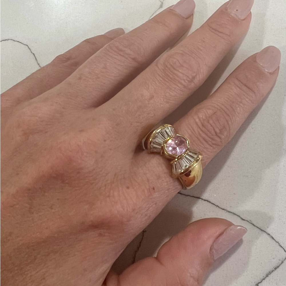 Sterling Silver 925 Gold Plated Bow Ring Pink stone and Baguette cz Accents 7